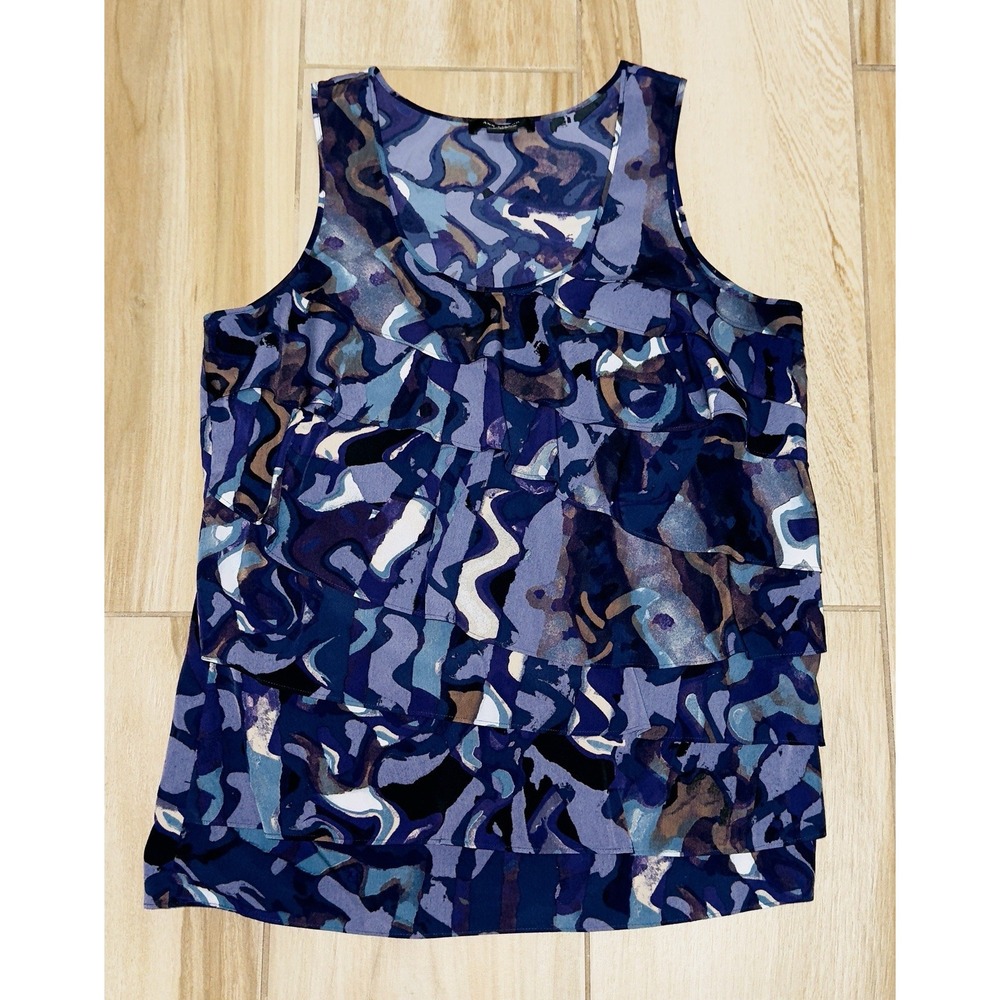 Ann Taylor Women's Sleeveless Blouse Purple/Black Geometric Ruffled Front-Medium